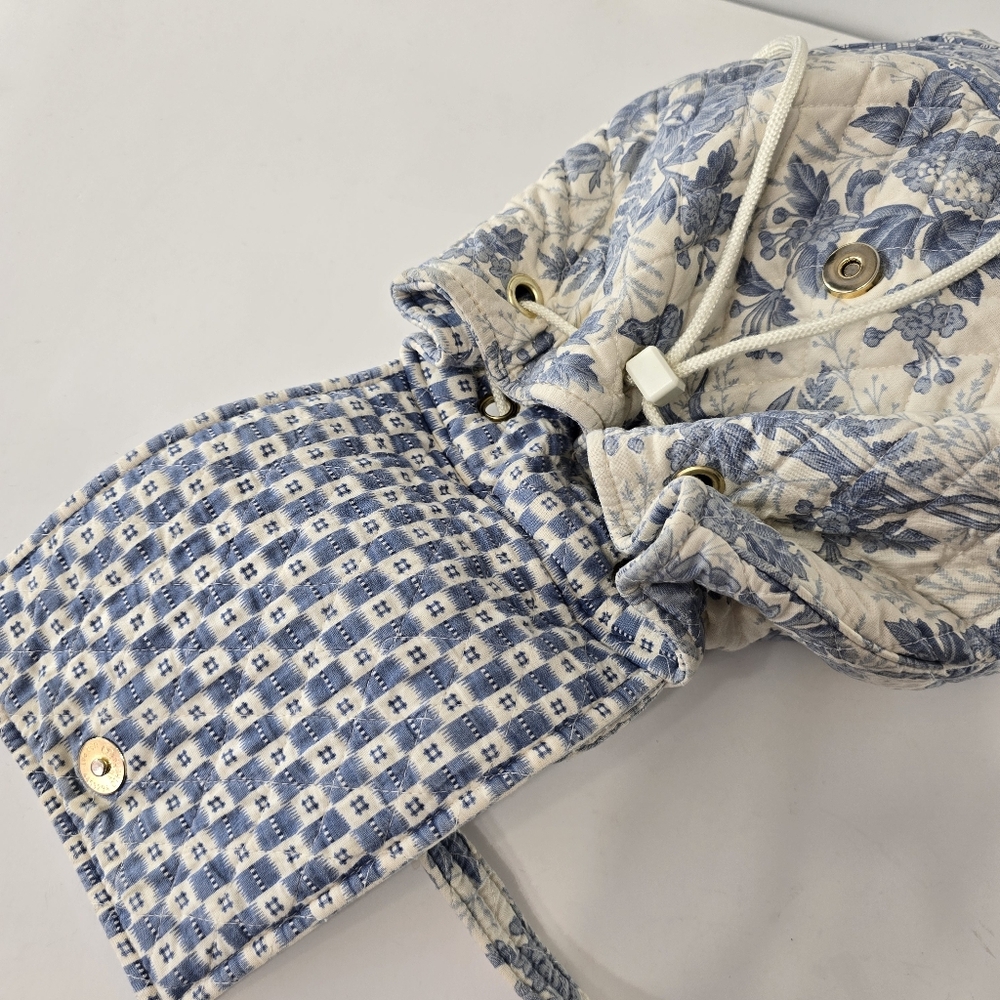 Vera Bradley Blue Toile Floral Plaid 90s Drawstring Daypack Napsack Backpack VTG - Picture 11 of 15